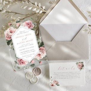 Invitations En Acrylique Superbe couleur rose pâle Aquarelle Mariage Floral
