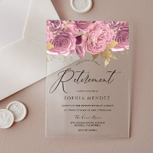 Invitations En Acrylique Superbe fête de retraite florale rose rose brillan