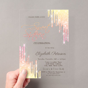Invitations En Acrylique  Superbe Ombre Paillettes Dégoulinantes Rose Gold 