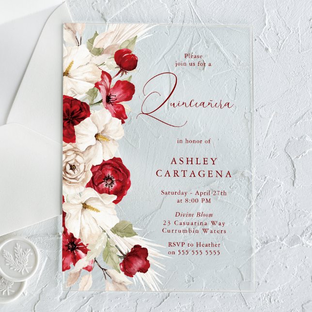 Invitations En Acrylique Superbe Quinceanera Florale Rouge & Blanc (Créateur téléchargé)