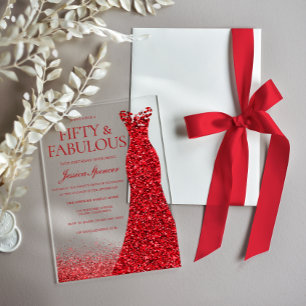 Invitations En Acrylique Superbe robe rouge 50e fête d'anniversaire