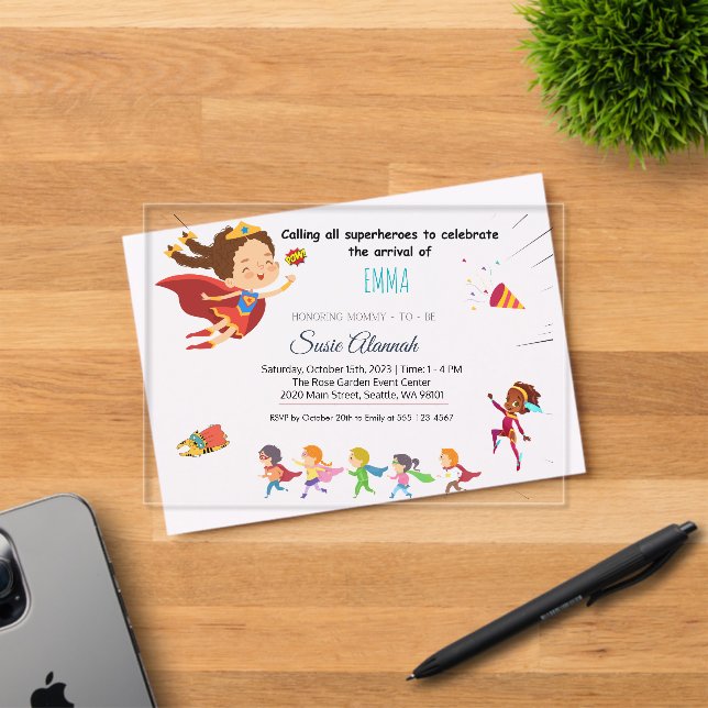 Invitations En Acrylique Superhero Thème Baby Girl Douche (Insitu (Carte d'invitation))
