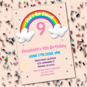 Invitations En Acrylique Sur un nuage 9 ! Anniversaire arc-en-ciel