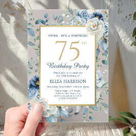 Invitations En Acrylique Surprise Floral Bleu Poussiéreux 75e Anniversaire 