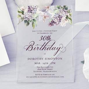 Invitations En Acrylique SURPRISE PARTY 30e anniversaire Purple Lilac Flora