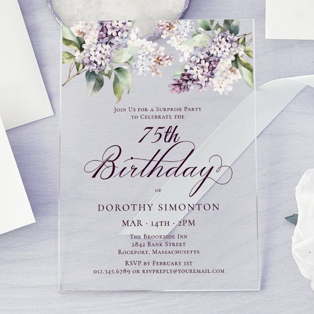 Invitations En Acrylique SURPRISE PARTY 75e anniversaire Purple Lilac Flora (Créateur téléchargé)