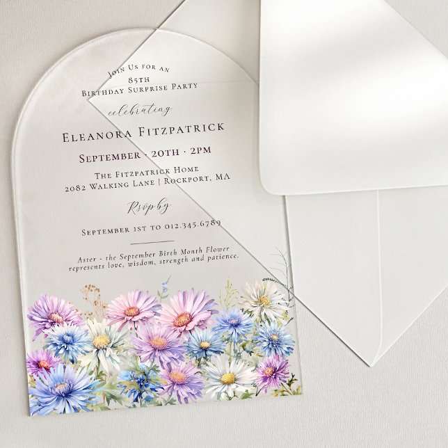 Invitations En Acrylique SURPRISE PARTY ARCH 85 Septembre Fleur de naissanc (Créateur téléchargé)