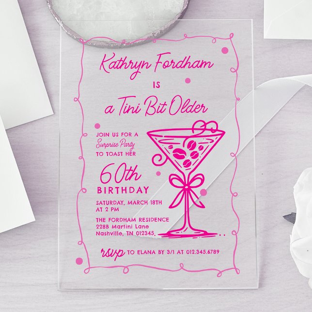 Invitations En Acrylique SURPRISE PARTY Pink Doodle Martini 60e anniversair (Créateur téléchargé)