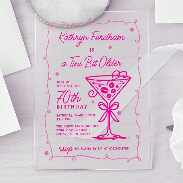 Invitations En Acrylique SURPRISE PARTY Pink Doodle Martini 70e anniversair (Créateur téléchargé)