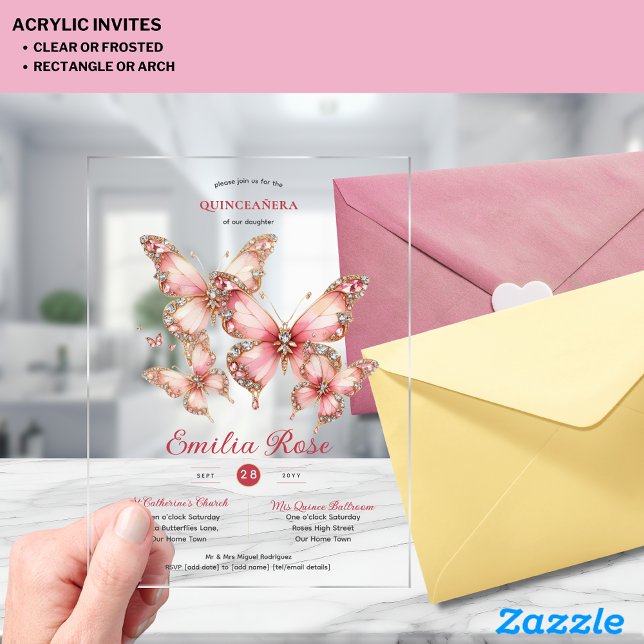 Invitations En Acrylique Sweet15 Papillons QUINCEANERA Blush Pink Diamond (Créateur téléchargé)