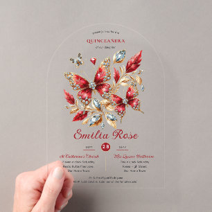 Invitations En Acrylique Sweet15 Papillons QUINCEANERA Carte Rouge Diamant