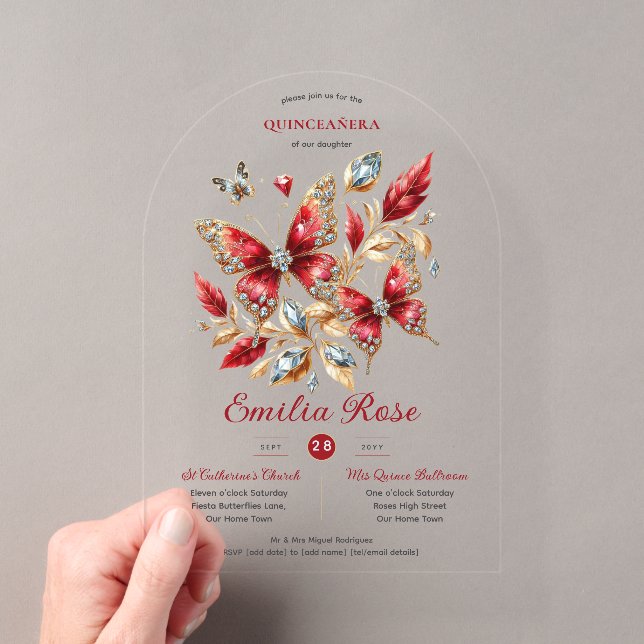 Invitations En Acrylique Sweet15 Papillons QUINCEANERA Carte Rouge Diamant (In situ (ordinateur de poche))