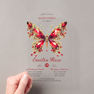 Invitations En Acrylique Sweet15 Papillons QUINCEANERA Carte Rouge Diamant