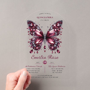 Invitations En Acrylique Sweet15 Papillons QUINCEANERA Diamant Bourgogne