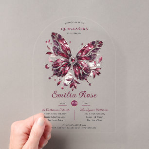 Invitations En Acrylique Sweet15 Papillons QUINCEANERA Diamant Bourgogne