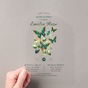 Invitations En Acrylique Sweet15 Papillons QUINCEANERA Emerald Green Gold