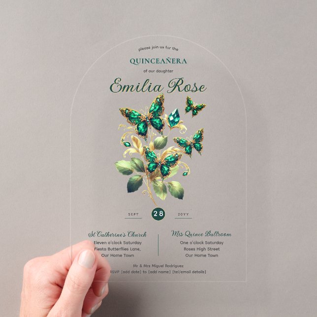 Invitations En Acrylique Sweet15 Papillons QUINCEANERA Emerald Green Gold (In situ (ordinateur de poche))