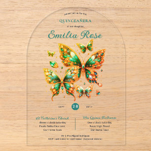 Invitations En Acrylique Sweet15 Papillons QUINCEANERA Emerald Green Gold