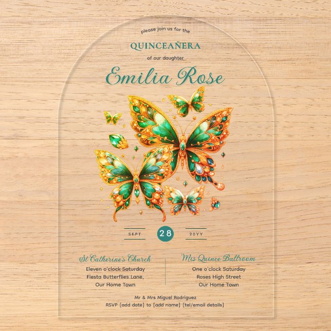 Invitations En Acrylique Sweet15 Papillons QUINCEANERA Emerald Green Gold (Recto)