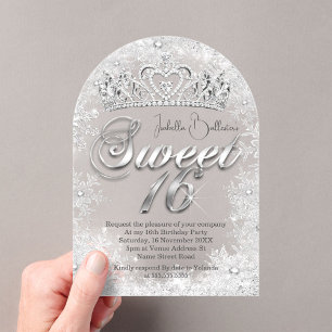 Invitations En Acrylique Sweet 16 Anniversaire Silver flocons Tiara