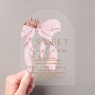 Invitations En Acrylique Sweet 16 Or et Rose Rubis Arc Bow Anniversaire