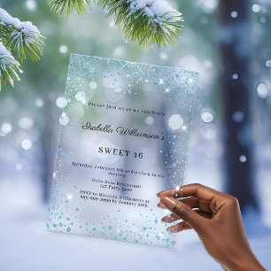 Invitations En Acrylique Sweet 16 pailleté bleu fête d'hiver givré