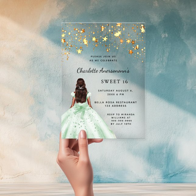 Invitations En Acrylique Sweet 16 robe or vert étoiles clair (Créateur téléchargé)
