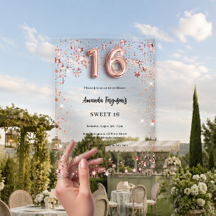 Invitations En Acrylique Sweet 16 rose gold étoiles fête claire