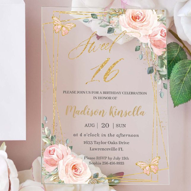 Invitations En Acrylique Sweet 16 Seize Papillons Floraux Rose-Brut (Créateur téléchargé)