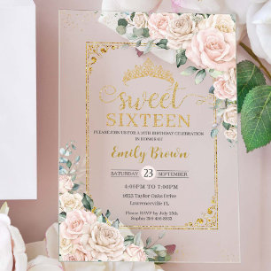 Invitations En Acrylique Sweet sixteen Champagne Blush ivoire Or Floral