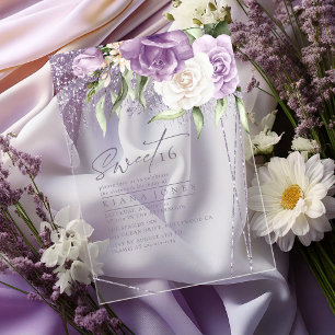 Invitations En Acrylique Sweet sixteen floral étincelantes Mauve ID912