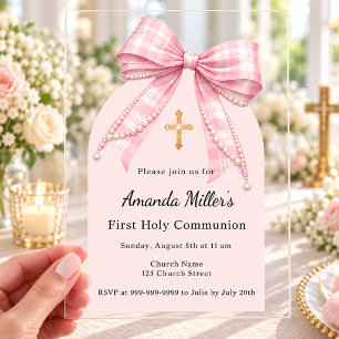 Invitations En Acrylique Tartan à arc en ruban rose luxe transparent pour p