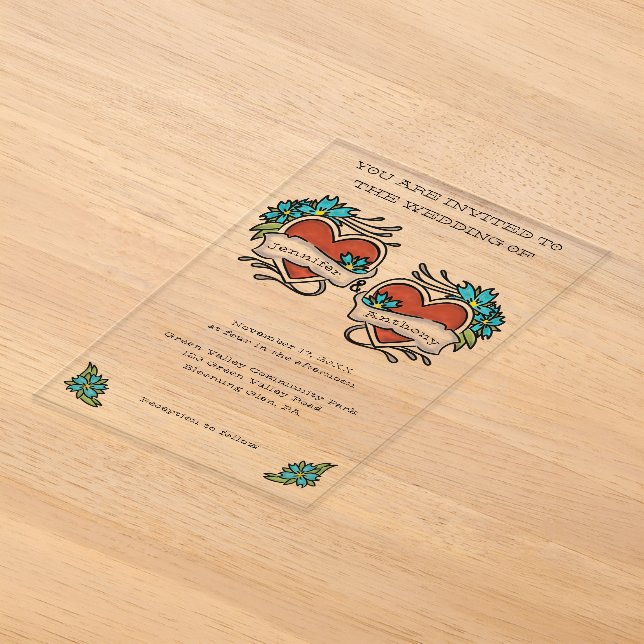 Invitations En Acrylique Tatouage Coeurs Tatouage Mariage graphique (Poser)