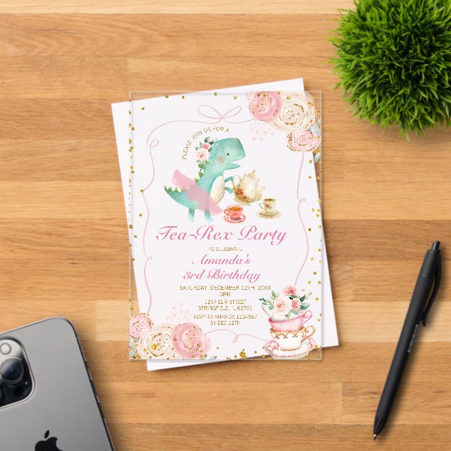 Invitations En Acrylique Tea-Rex Tutu Party Dinosaur fille rose 3e annivers (Insitu (Carte d'invitation))