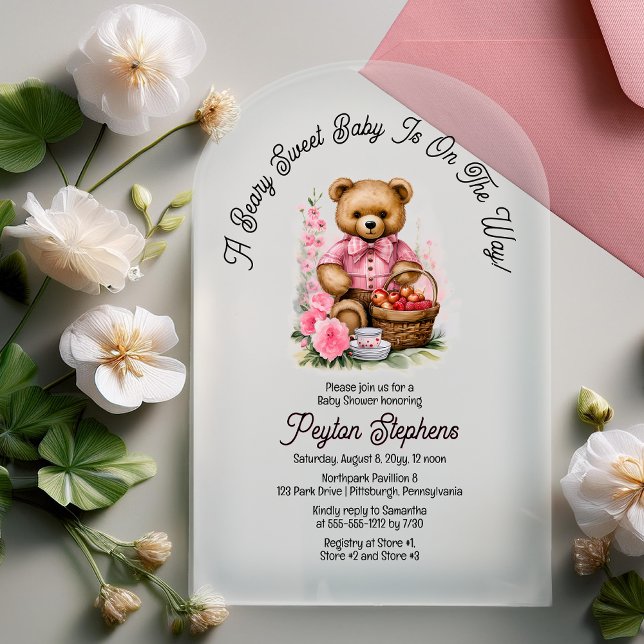 Invitations En Acrylique Teddy Bear Picnic Beary Baby shower sucré (Teddy Bear Picnic "A Beary Sweet Baby Is On The Way!" Pink Girl Baby Shower Acrylic Invitation)