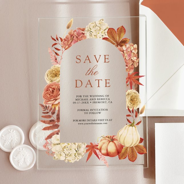 Invitations En Acrylique Terracotta Citrouille mariage floral Enregistrer l (Créateur téléchargé)