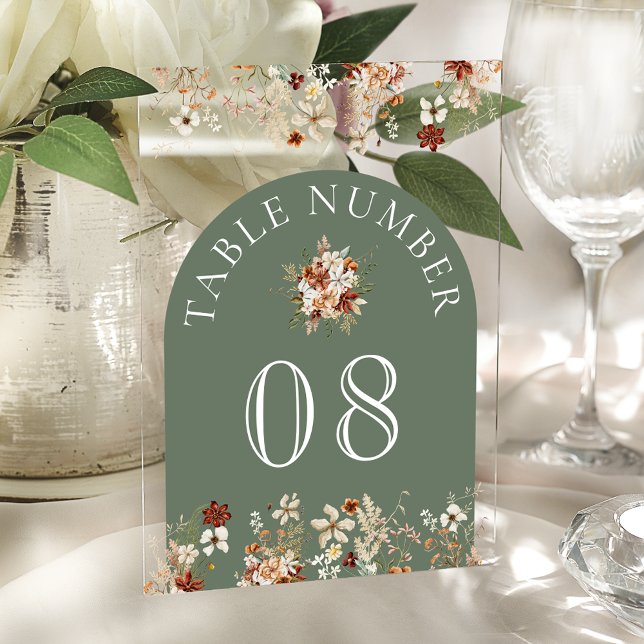 Invitations En Acrylique Terracotta Floral Sage Green Acrylic Table Number (Créateur téléchargé)