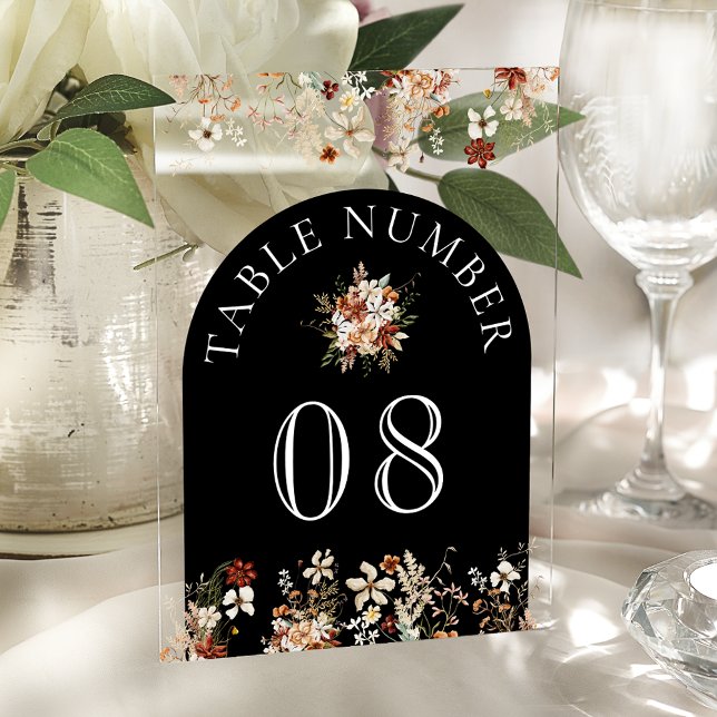 Invitations En Acrylique Terracotta Wildflower Black Acrylic Table Number (Créateur téléchargé)