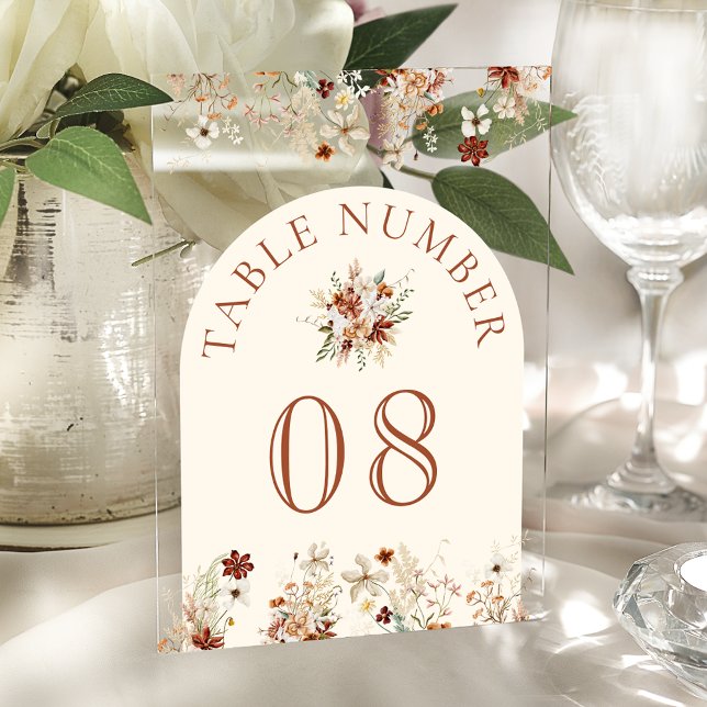 Invitations En Acrylique Terracotta Wildflower Cream Acrylic Table Number (Créateur téléchargé)