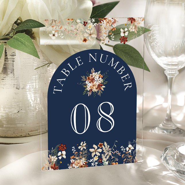 Invitations En Acrylique Terracotta Wildflower Navy Acrylic Table Number (Créateur téléchargé)