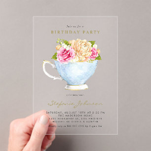 Invitations En Acrylique Thé Party d'anniversaire botanique à la tasse de t