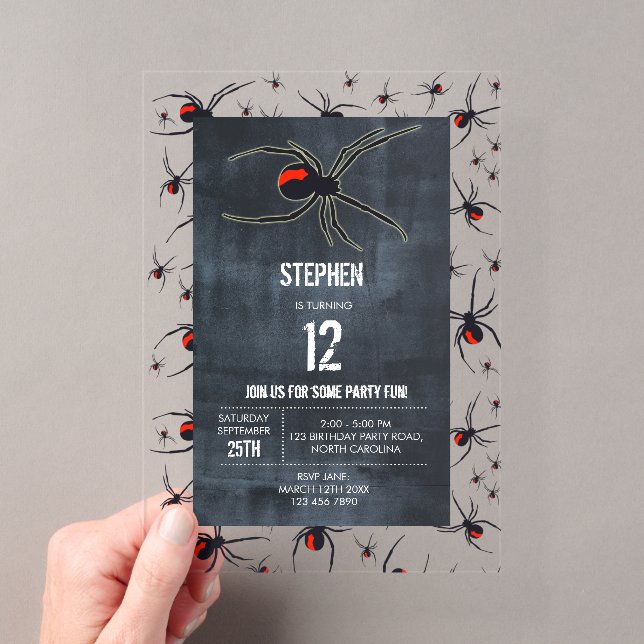 Invitations En Acrylique Thème de fête d'anniversaire Red & Black Spider (In situ (ordinateur de poche))