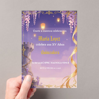 Invitations En Acrylique Thème Raiponce Quinceañera Violet Or Princesse