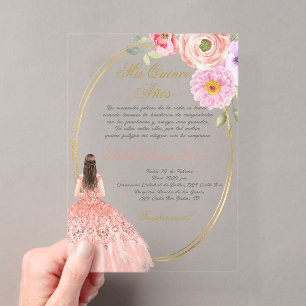 Invitations En Acrylique Thème rose acrylique quinceañera