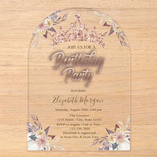 Invitations En Acrylique Tiara Stars Fleurs Rose Gold Anniversaire (Recto)
