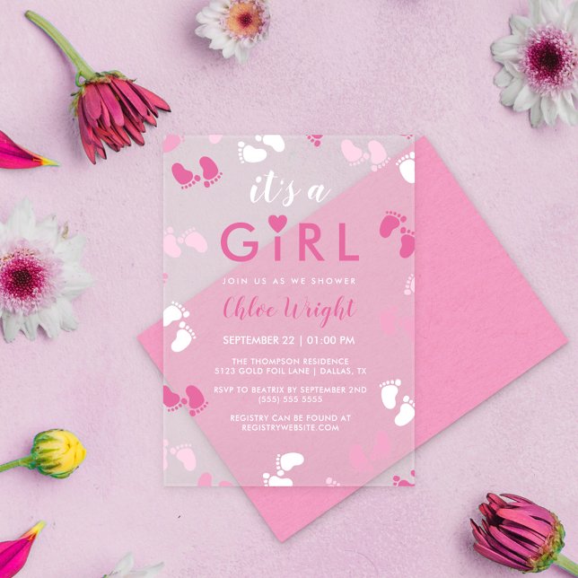 Invitations En Acrylique Tons de rose C'est une fille Empreintes de bébé (Créateur téléchargé)