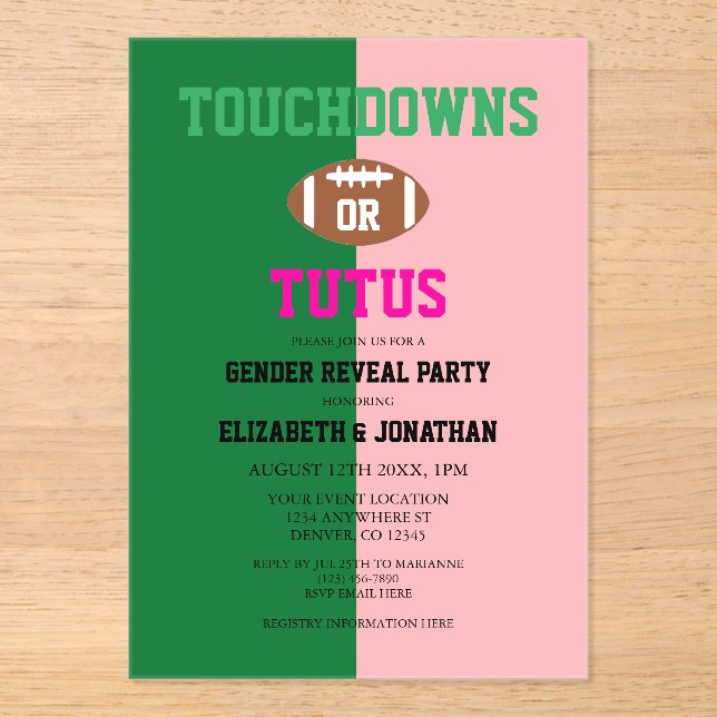 Invitations En Acrylique Touchdowns ou Tutus Genre Reveal (Recto)
