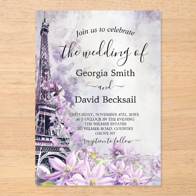 Invitations En Acrylique Tour Eiffel Lavender Romance Mariage (Recto)