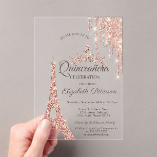 Invitations En Acrylique Tour Eiffel Paris, Rose Drift Gold Quinceañera