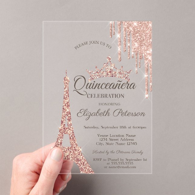 Invitations En Acrylique Tour Eiffel Paris, Rose Drift Gold Quinceañera (In situ (ordinateur de poche))